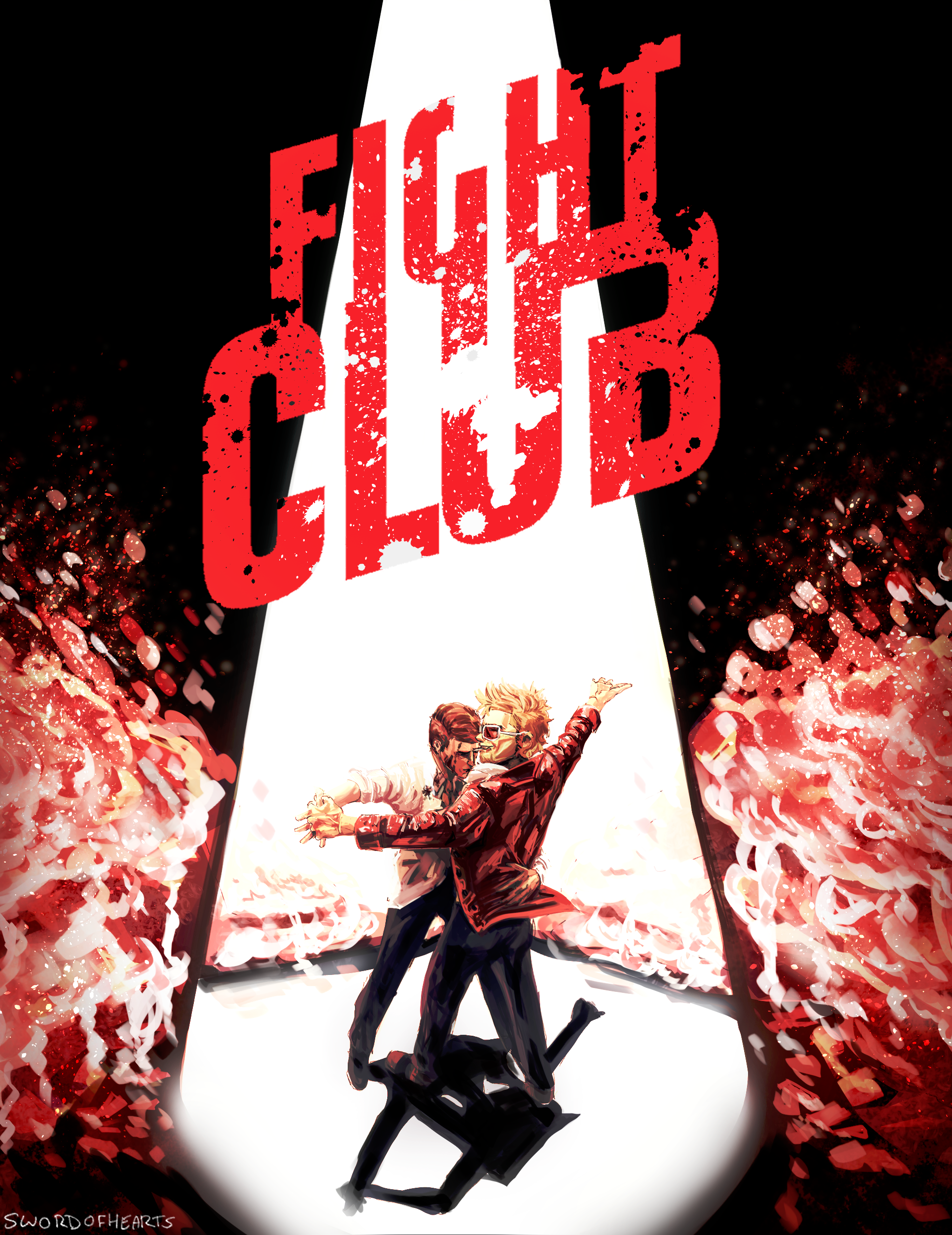 narrator and tyler durden dancing, surrounded by soap and within a spotlight